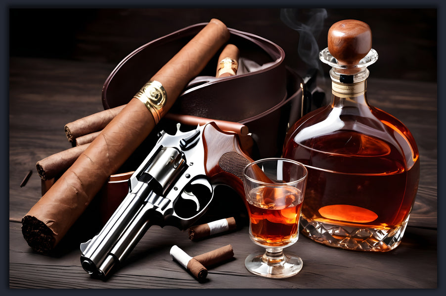 Whiskey with Gun and Cigar