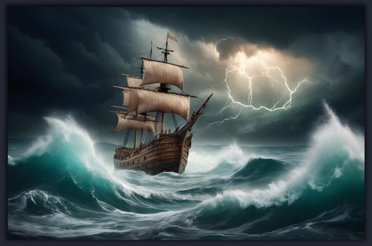 Storming Ocean and Ancient Ship